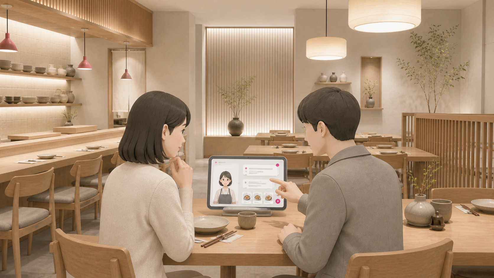 飲食店や宿泊施設でお客様がタブレットのAI接客を利用するイメージ