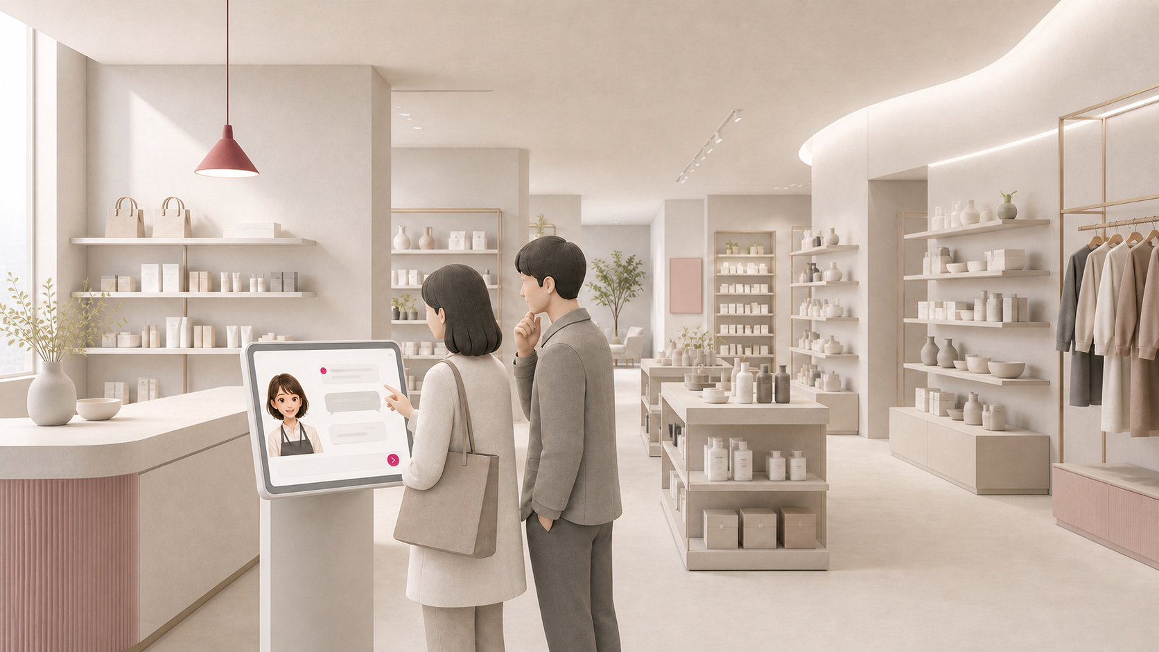 小売店や商業施設でお客様がタブレットのAI接客を利用するイメージ