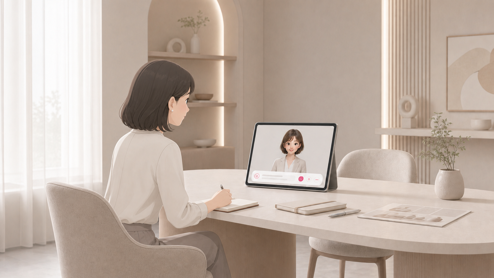 相談や予約が必要なサービスでお客様がタブレットのAI接客を利用するイメージ