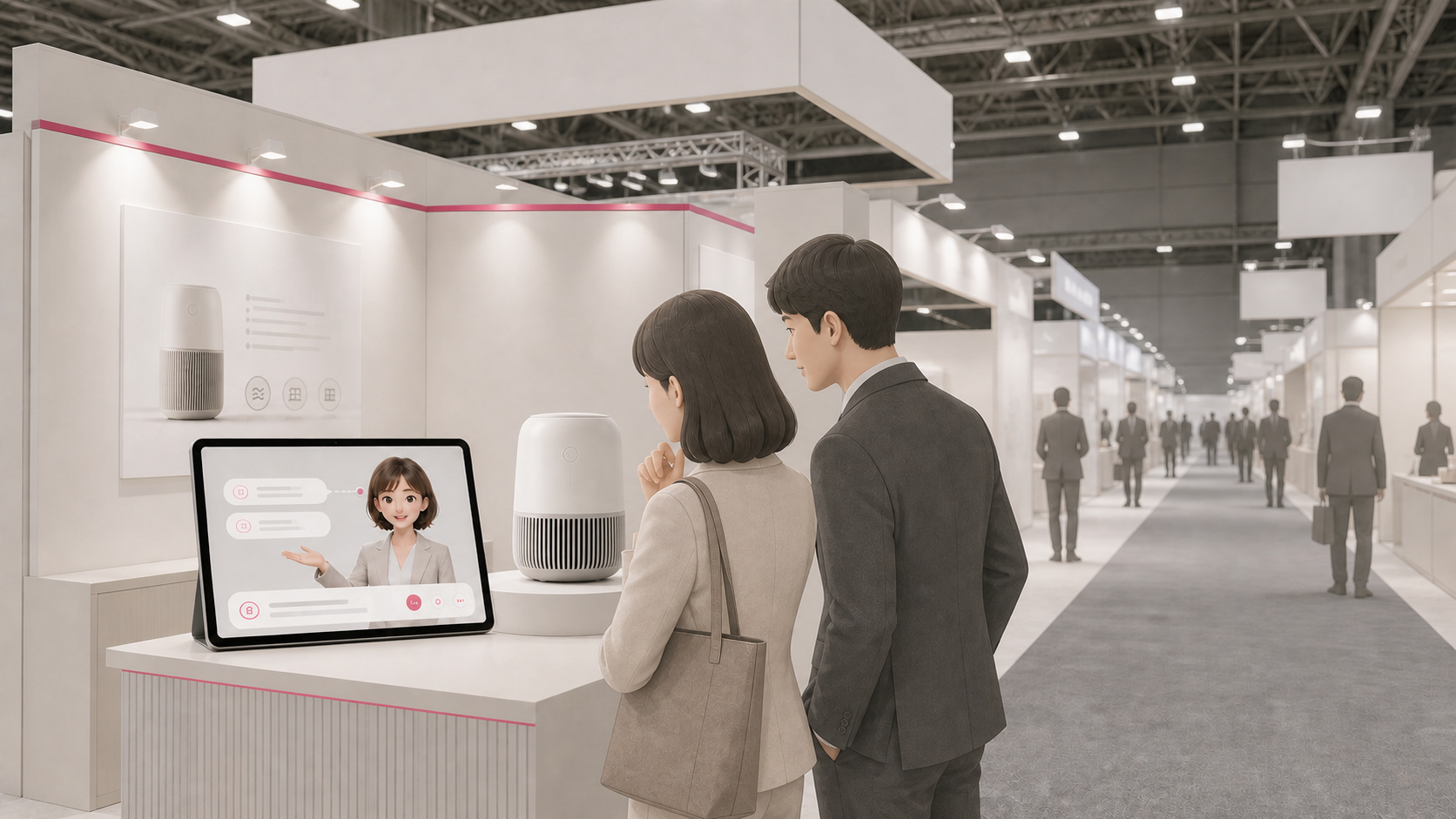 大型展示会場の法人向け製品ブースで来場者がタブレットのAIによる商材説明を聞くイメージ