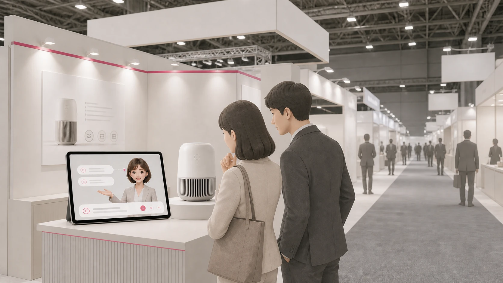 大型展示会場の法人向け製品ブースで来場者がタブレットのAIによる商材説明を聞くイメージ